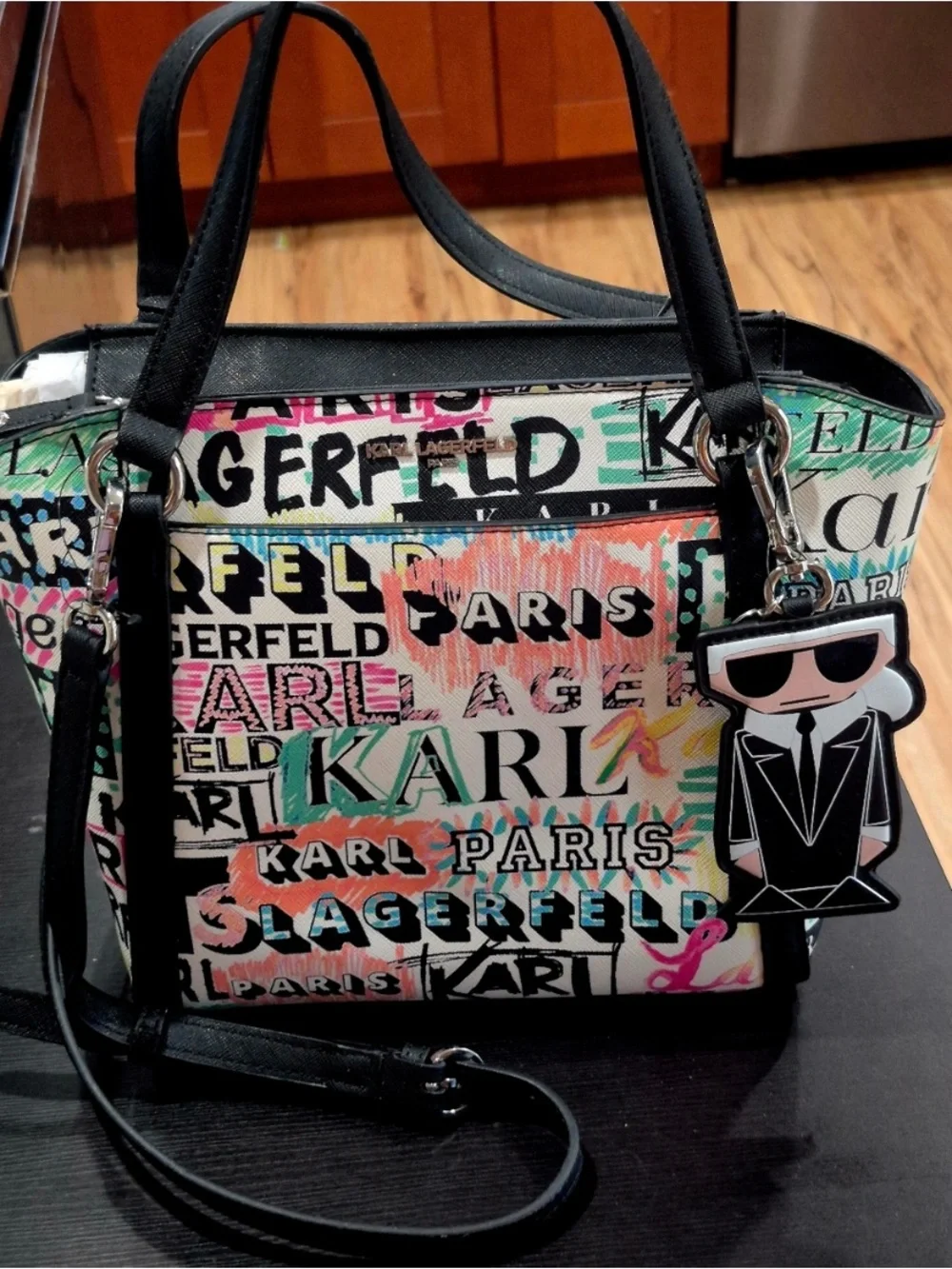 Karl Lagerfeld Black-Trim Multicolor Graphic Satchel